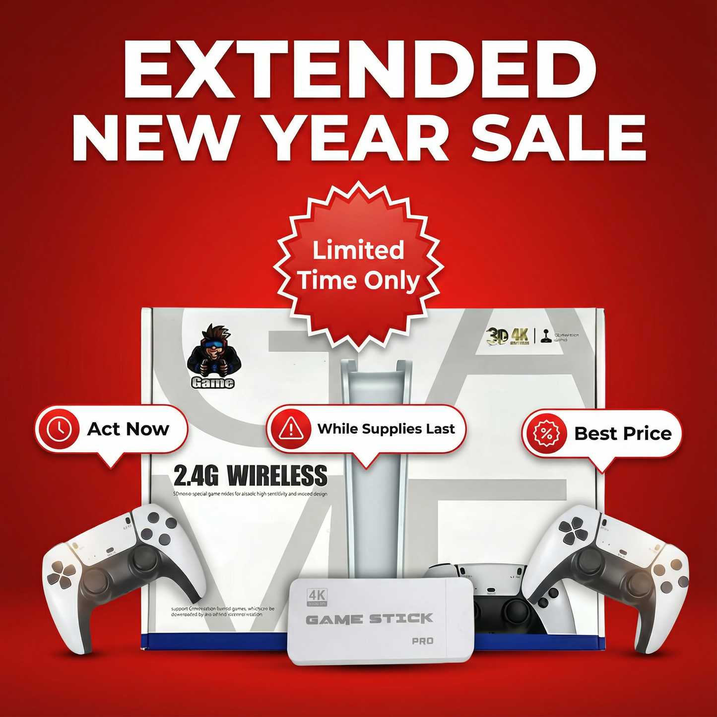 Nuvoria™ Retro Game Stick 60,000+ Classic Games + 2 Wireless Controllers | Plug Into Any TV & Play Instantly